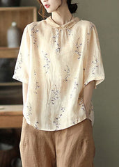 Apricot Print Linen Blouse Tops Half Sleeve GK-HTP220419