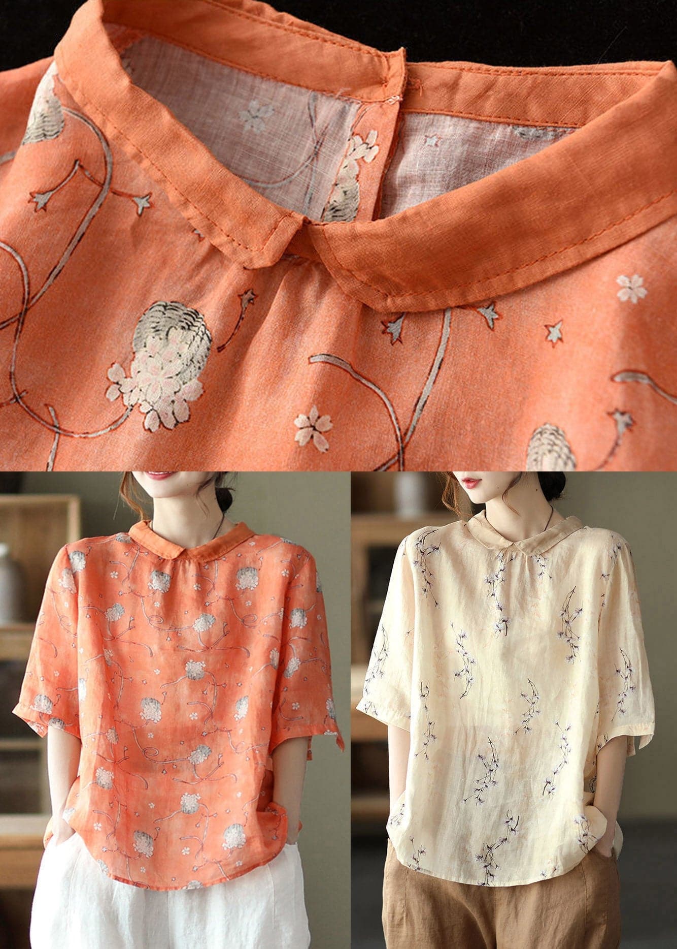 Apricot Print Linen Blouse Tops Half Sleeve GK-HTP220419