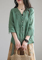 Aqua Green Patchwork Linen Shirt Embroideried Half Sleeve GK-HTP220512