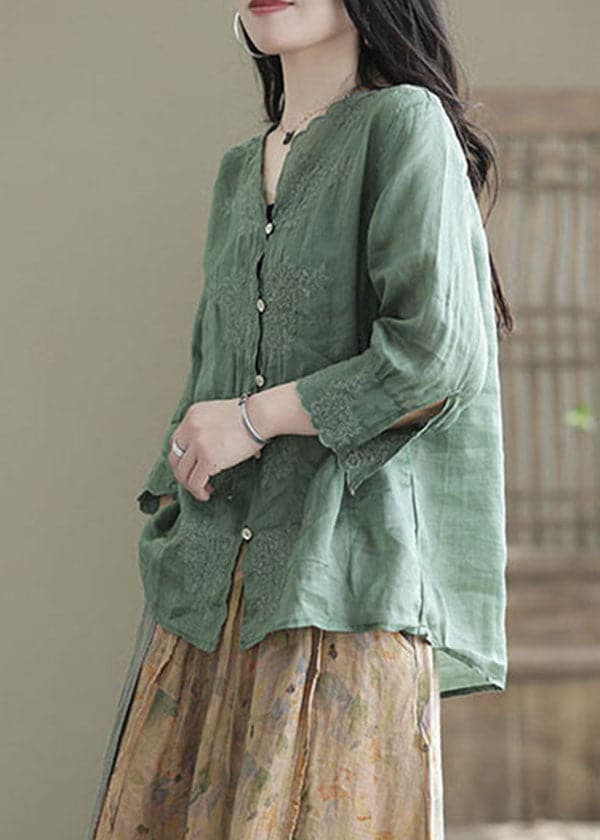 Aqua Green Patchwork Linen Shirt Embroideried Half Sleeve GK-HTP220512