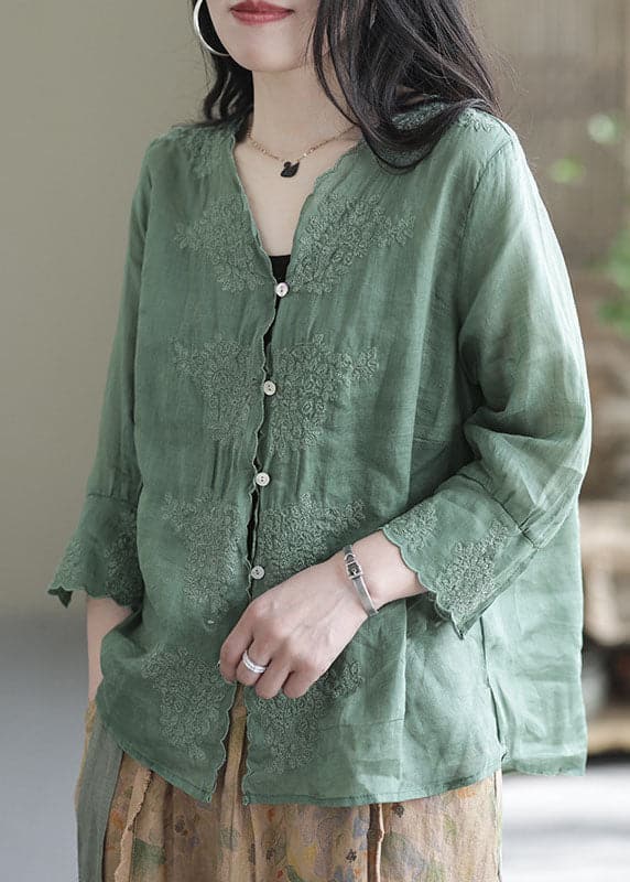 Aqua Green Patchwork Linen Shirt Embroideried Half Sleeve GK-HTP220512