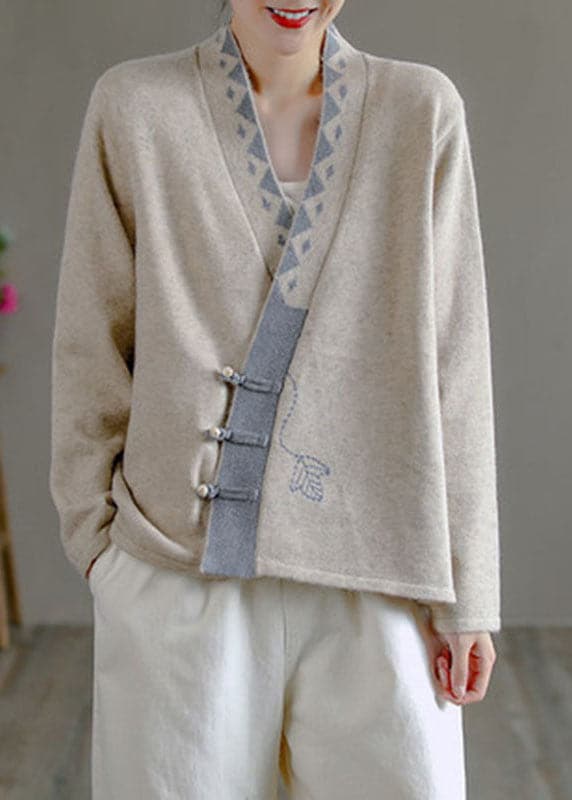 Art Beige V Neck Embroideried asymmetrical design Patchwork Fall Knit sweaters GK-NTP211015