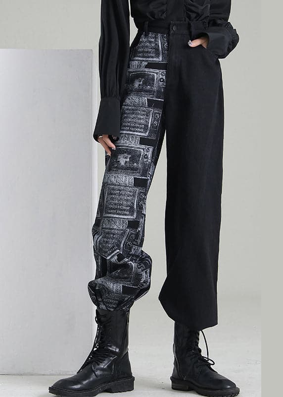 Art Black Zip Up Patchwork denim Pants Spring CDM-LPTS220126