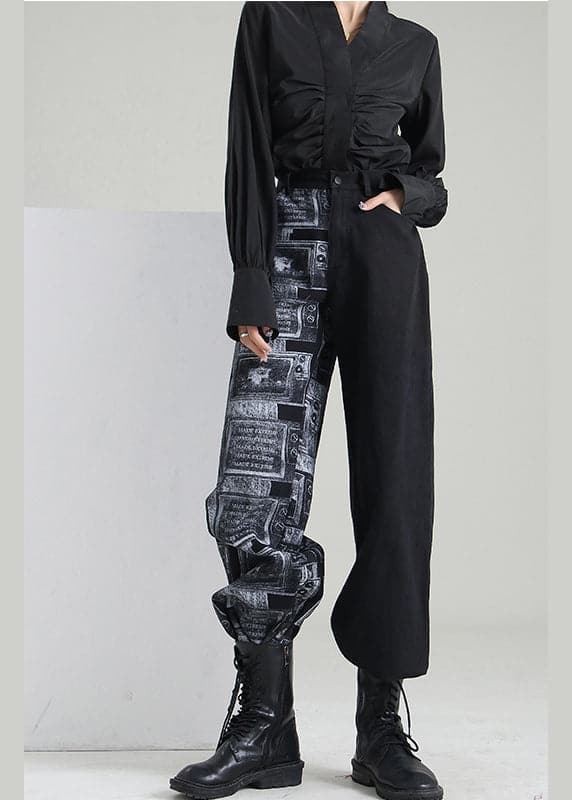 Art Black Zip Up Patchwork denim Pants Spring CDM-LPTS220126