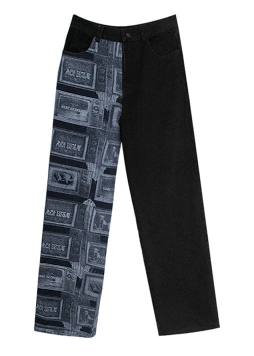 Art Black Zip Up Patchwork denim Pants Spring CDM-LPTS220126