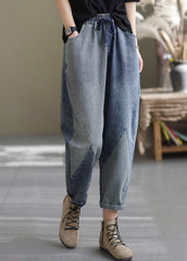 Art Blue Elastic Waist Pockets Patchwork Striped Cotton Denim Harem Pants Fall NZ-LPTS220627