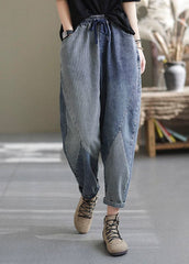 Art Blue Elastic Waist Pockets Patchwork Striped Cotton Denim Harem Pants Fall NZ-LPTS220627