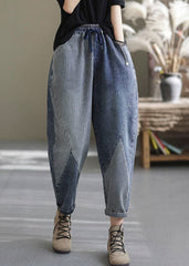 Art Blue Elastic Waist Pockets Patchwork Striped Cotton Denim Harem Pants Fall NZ-LPTS220627