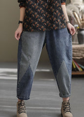 Art Blue Elastic Waist Pockets Patchwork Striped Cotton Denim Harem Pants Fall NZ-LPTS220627