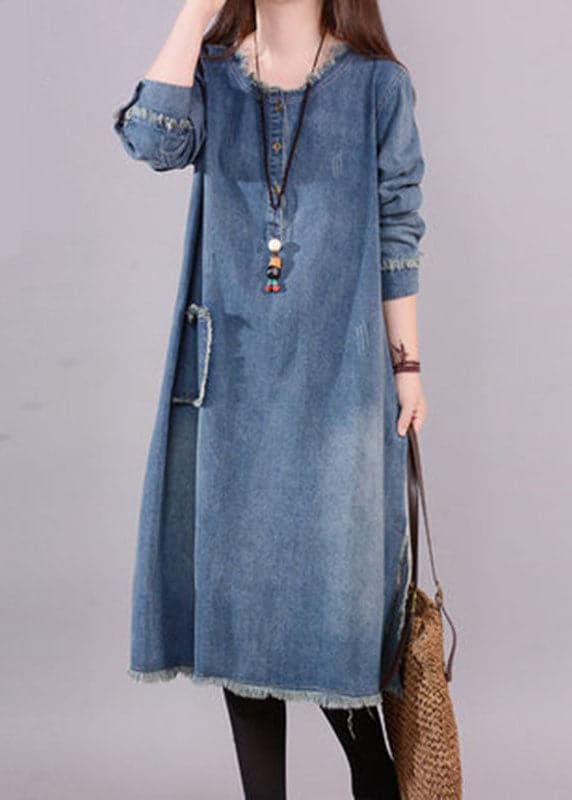 Art Blue O-Neck Pockets Button Denim Fall Long sleeve Dress BSNZ-FDM211014