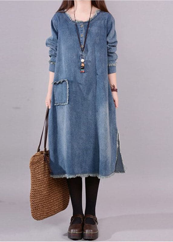 Art Blue O-Neck Pockets Button Denim Fall Long sleeve Dress BSNZ-FDM211014