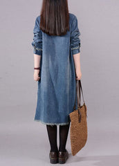 Art Blue O-Neck Pockets Button Denim Fall Long sleeve Dress BSNZ-FDM211014