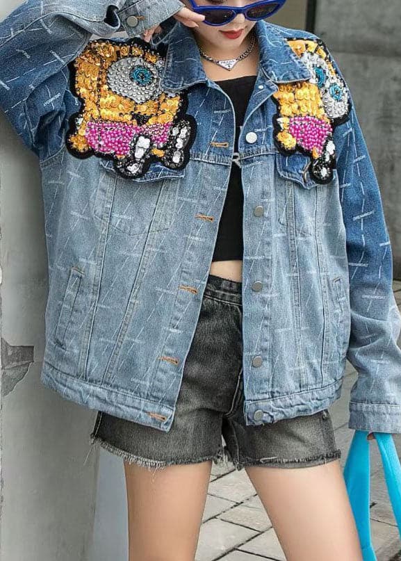 Art Blue Peter Pan Collar Patchwork Button Nail bead Fall Denim Coat OH-CTS210916