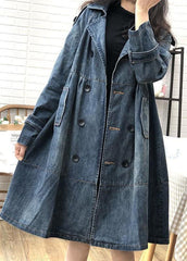 Art Blue Peter Pan Collar Pockets Button Fall Denim Trench Coats Coat BSJK-TCT211013