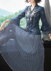 Art Blue Stand Collar Embroideried Denim Coats Flare Sleeve And Dot Print Chiffon Skirts Two Piece Set Women Clothing NZ-TPIEC220606