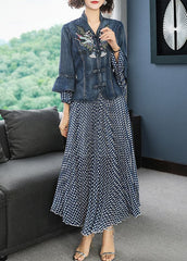 Art Blue Stand Collar Embroideried Denim Coats Flare Sleeve And Dot Print Chiffon Skirts Two Piece Set Women Clothing NZ-TPIEC220606