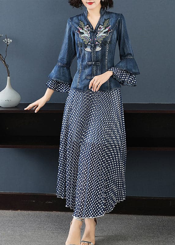 Art Blue Stand Collar Embroideried Denim Coats Flare Sleeve And Dot Print Chiffon Skirts Two Piece Set Women Clothing NZ-TPIEC220606