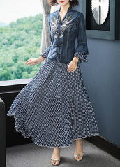 Art Blue Stand Collar Embroideried Denim Coats Flare Sleeve And Dot Print Chiffon Skirts Two Piece Set Women Clothing NZ-TPIEC220606