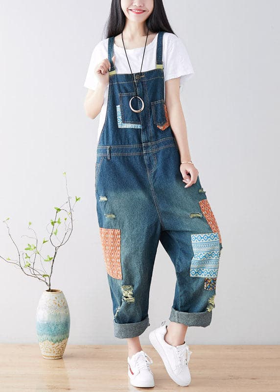 Art Blue pockets Patchwork ripped denim Jumpsuit Spring YSBS-JPTS220121