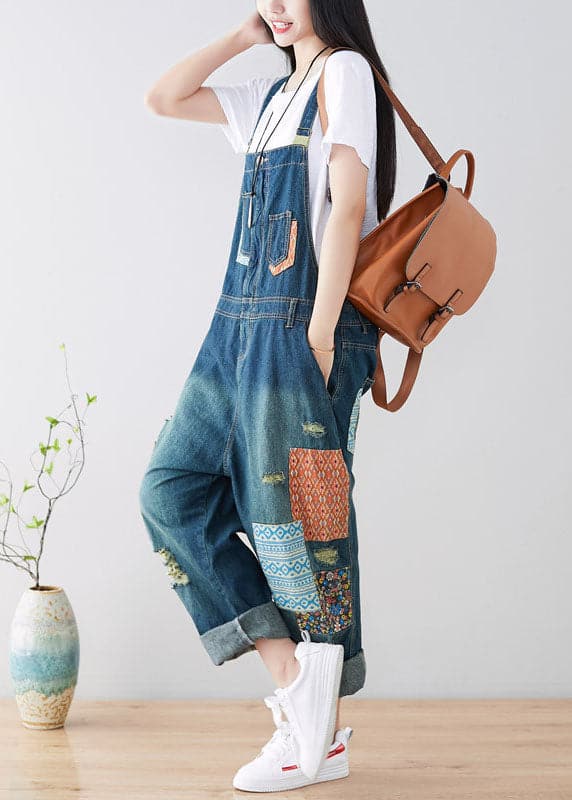 Art Blue pockets Patchwork ripped denim Jumpsuit Spring YSBS-JPTS220121