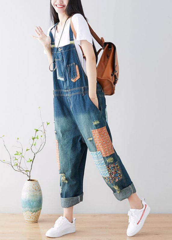 Art Blue pockets Patchwork ripped denim Jumpsuit Spring YSBS-JPTS220121