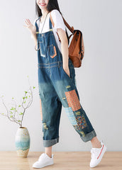 Art Blue pockets Patchwork ripped denim Jumpsuit Spring dylinoshop