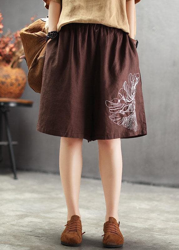 Art Chocolate Embroideried tie waist Linen hot Pants GK-SPTS210715