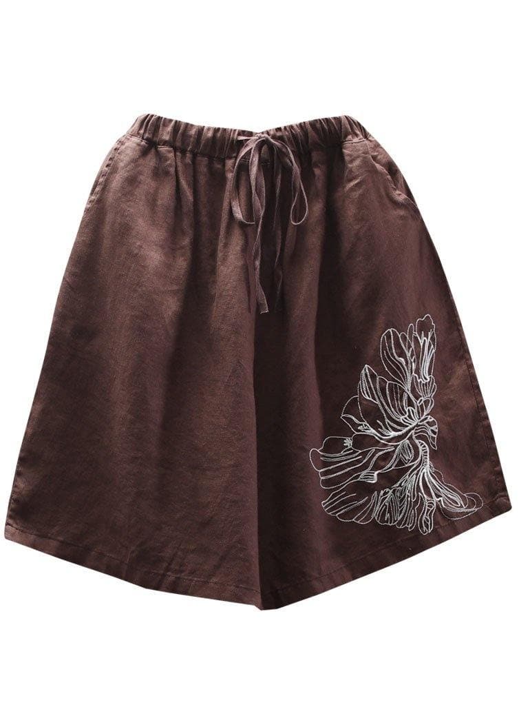 Art Chocolate Embroideried tie waist Linen hot Pants GK-SPTS210715