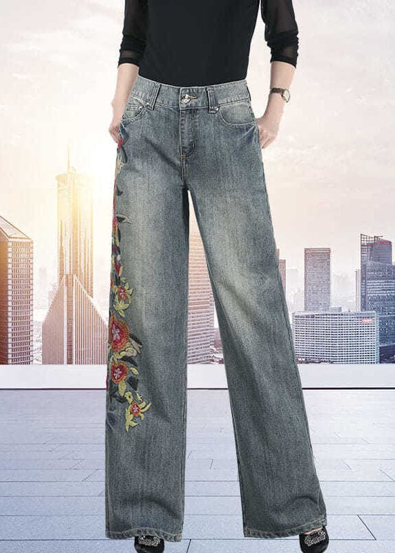 Art Dark Blue High Waist Floral Embroideried Pockets Cotton Denim Straight Pants Fall NZ-LPTS220715