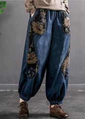 Art Denim Blue Elastic Waist Print Pockets Cotton Harem Pants Trousers Fall GK-LPTS220830