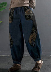 Art Denim Blue Elastic Waist Print Pockets Cotton Harem Pants Trousers Fall GK-LPTS220830