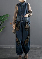 Art Denim Blue Elastic Waist Print Pockets Cotton Harem Pants Trousers Fall GK-LPTS220830