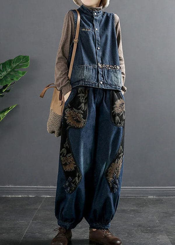 Art Denim Blue Elastic Waist Print Pockets Cotton Harem Pants Trousers Fall GK-LPTS220830