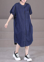 Art Denim Blue O-Neck Patchwork Cotton Shirt Dresses Lantern Sleeve WG-SDL220714