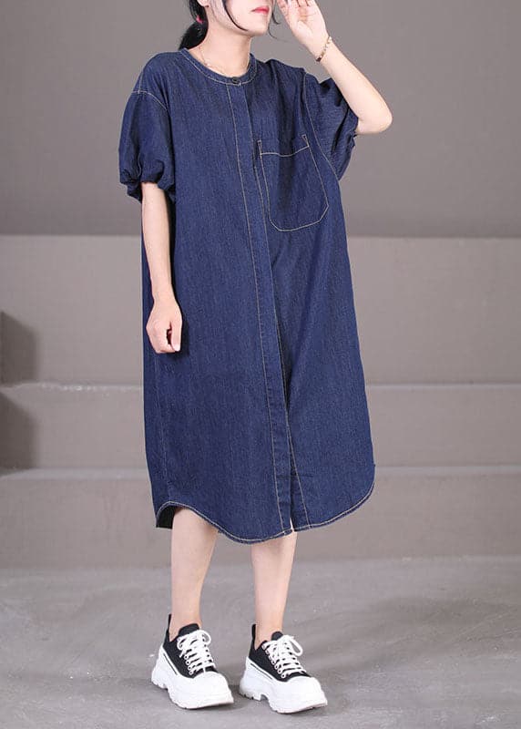 Art Denim Blue O-Neck Patchwork Cotton Shirt Dresses Lantern Sleeve WG-SDL220714