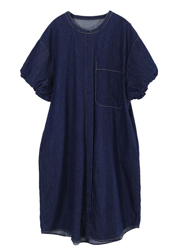 Art Denim Blue O-Neck Patchwork Cotton Shirt Dresses Lantern Sleeve WG-SDL220714