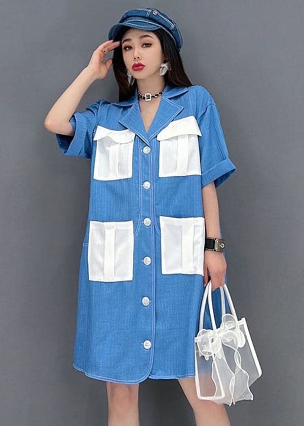 Art Denim Blue Peter Pan Collar Patchwork Pockets Cotton Holiday Dress Short Sleeve JDML-SDM220621