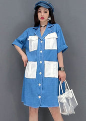 Art Denim Blue Peter Pan Collar Patchwork Pockets Cotton Holiday Dress Short Sleeve JDML-SDM220621