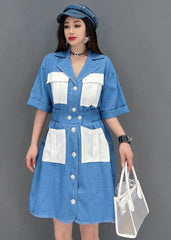 Art Denim Blue Peter Pan Collar Patchwork Pockets Cotton Holiday Dress Short Sleeve JDML-SDM220621