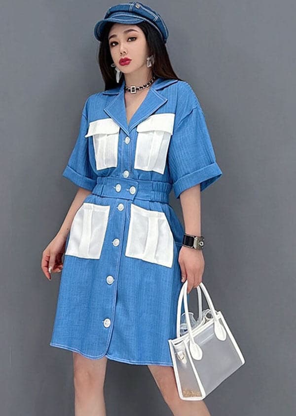 Art Denim Blue Peter Pan Collar Patchwork Pockets Cotton Holiday Dress Short Sleeve JDML-SDM220621