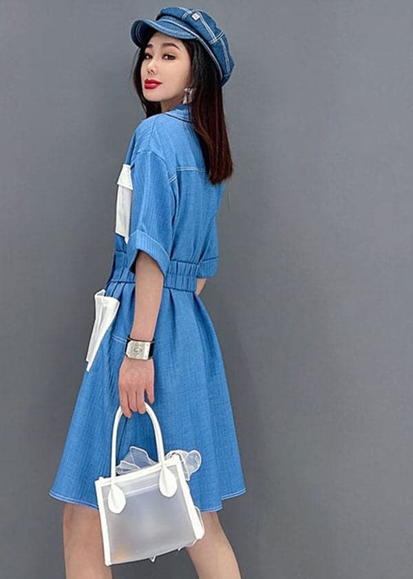 Art Denim Blue Peter Pan Collar Patchwork Pockets Cotton Holiday Dress Short Sleeve JDML-SDM220621