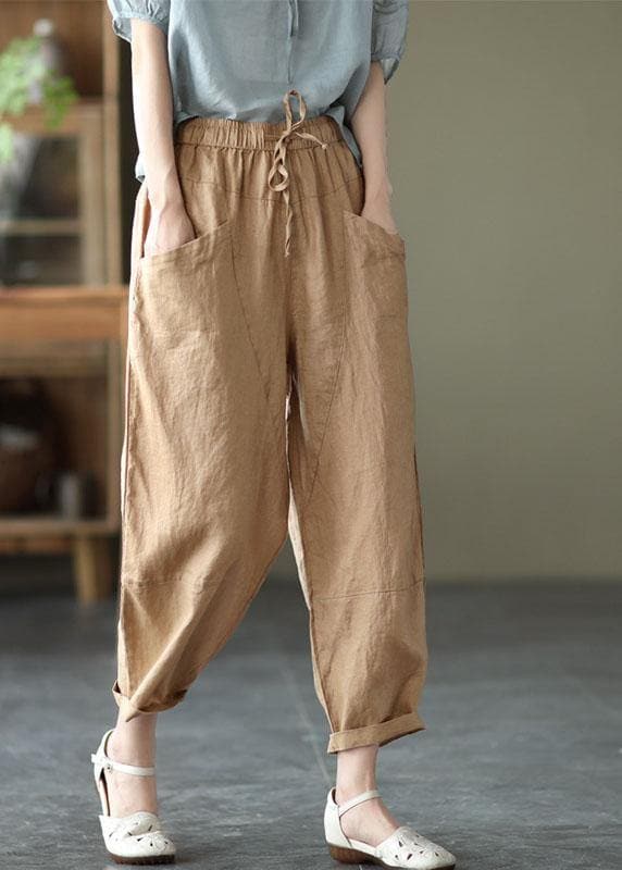 Art Khaki Tie Waist Pockets Summer Harem Pants Linen GK-LPTS210720