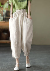 Art Khaki Tie Waist Pockets Summer Harem Pants Linen GK-LPTS210720