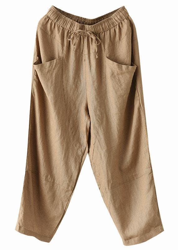 Art Khaki Tie Waist Pockets Summer Harem Pants Linen GK-LPTS210720