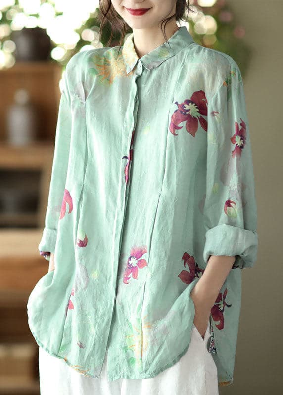 Art Light Green Peter Pan Collar Print Ramie Shirts Long Sleeve GK-LTP220127