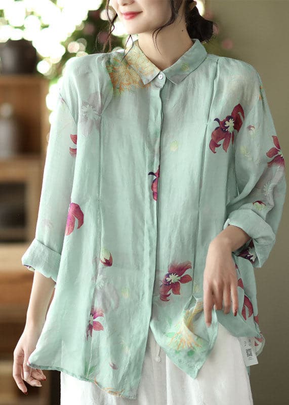 Art Light Green Peter Pan Collar Print Ramie Shirts Long Sleeve GK-LTP220127