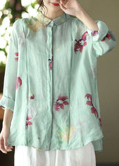 Art Light Green Peter Pan Collar Print Ramie Shirts Long Sleeve GK-LTP220127