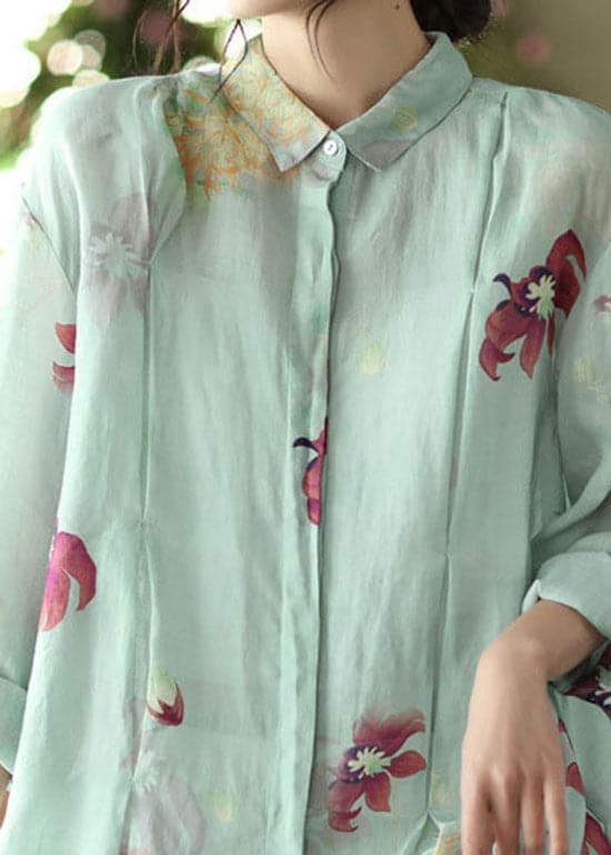 Art Light Green Peter Pan Collar Print Ramie Shirts Long Sleeve GK-LTP220127