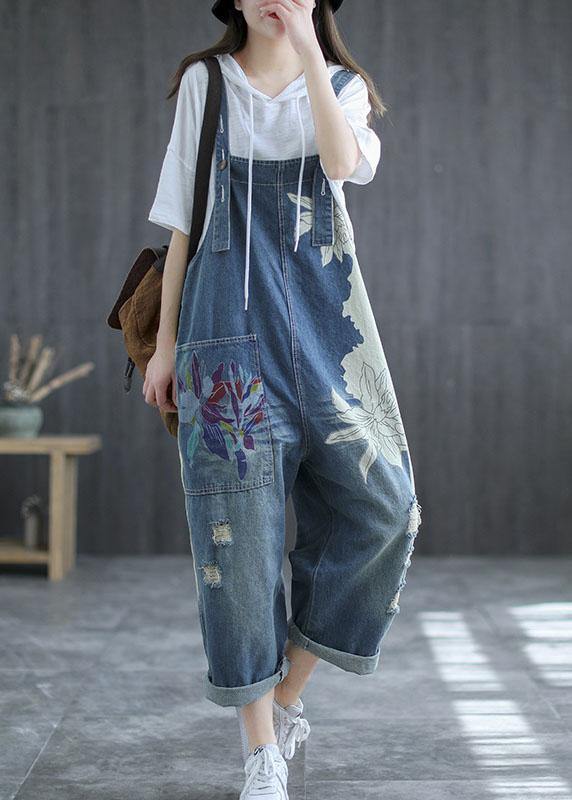 Art Navy Print Retro Hole Pockets Overall Jumpsuit Summer dylinoshop