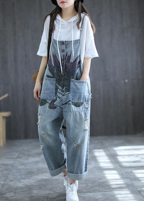 Art Navy Print Retro Hole Pockets Overall Jumpsuit Summer dylinoshop